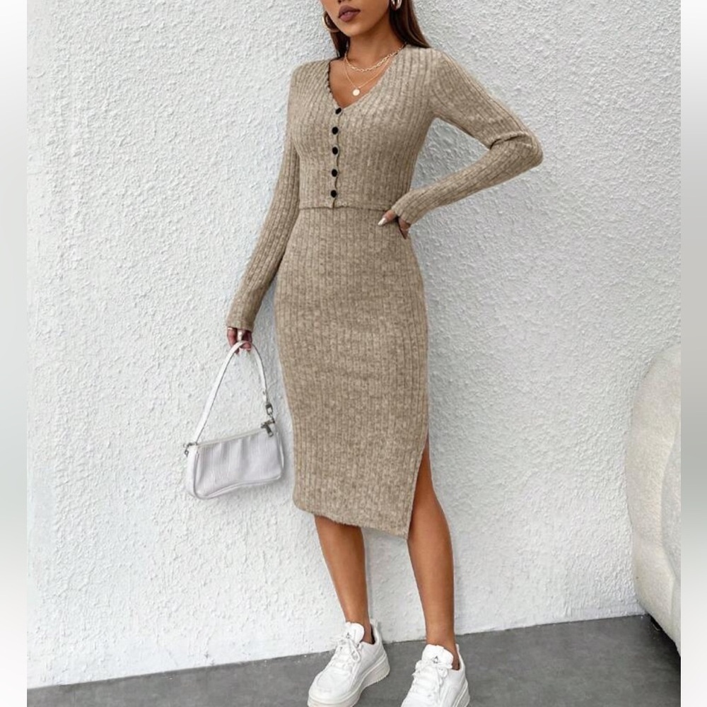 Stylish Tan Knit Midi Dress with Sweater
